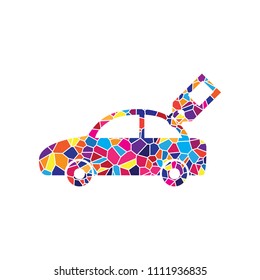 Car sign with tag. Vector. Stained glass icon on white background. Colorful polygons. Isolated.