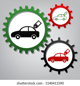 Car sign with tag. Vector. Three connected gears with icons at grayish background.