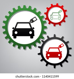 Car sign with tag. Vector. Three connected gears with icons at grayish background.