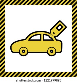 Car sign with tag. Vector. Warm yellow icon with black contour in frame named as under construction at white background. Isolated.
