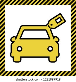 Car sign with tag. Vector. Warm yellow icon with black contour in frame named as under construction at white background. Isolated.