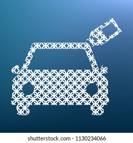 Car sign with tag. Vector. White textured icon at lapis lazuli gradient background.