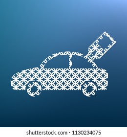 Car sign with tag. Vector. White textured icon at lapis lazuli gradient background.