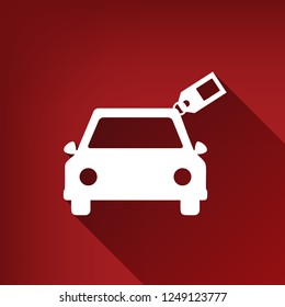 Car sign with tag. Vector. White icon with limitless shadow at ruby red background.