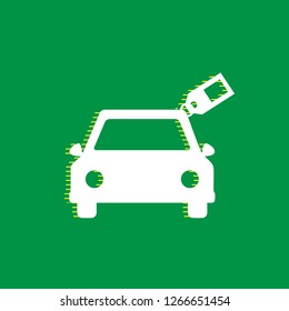 Car sign with tag. Vector. White flat icon with yellow striped shadow at green background.