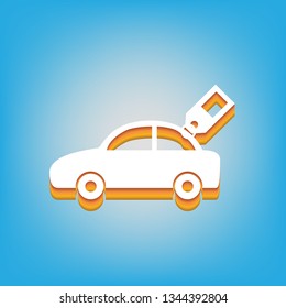 Car sign with tag. Vector. White icon with 3d warm-colored gradient body at sky blue background.