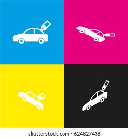 Car sign with tag. Vector. White icon with isometric projections on cyan, magenta, yellow and black backgrounds.