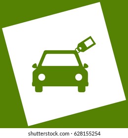 Car sign with tag. Vector. White icon obtained as a result of subtraction rotated square and path. Avocado background.