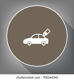 Car sign with tag. Vector. White icon on brown circle with white contour and long shadow at gray background. Like top view on postament.
