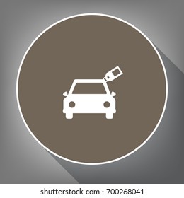 Car sign with tag. Vector. White icon on brown circle with white contour and long shadow at gray background. Like top view on postament.