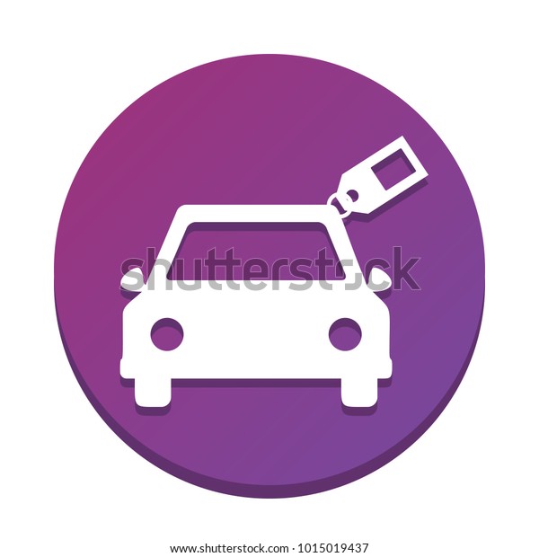 Car sign with tag.\
Vector. White icon with flat shadow on purpureus circle at white\
background. Isolated.