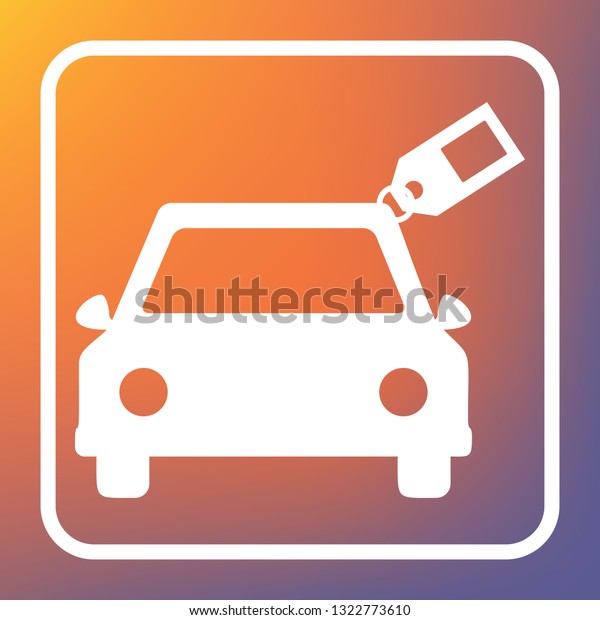 Car sign with tag.\
Vector. White icon on transparent button at orange-violet gradient\
background.