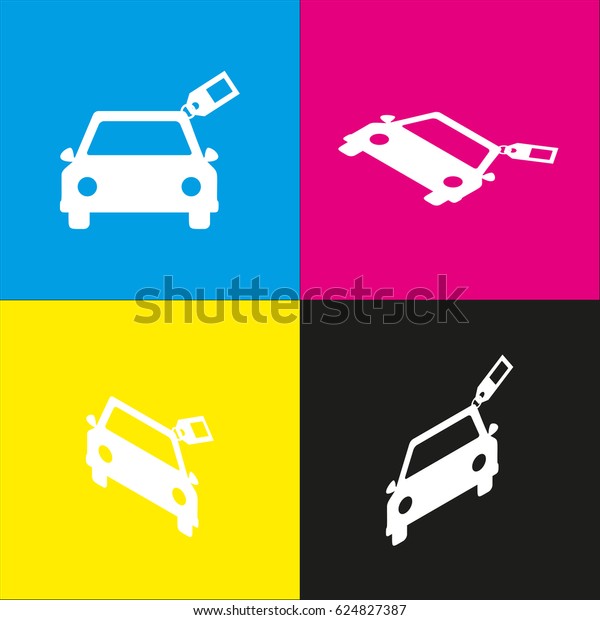 Car sign\
with tag. Vector. White icon with isometric projections on cyan,\
magenta, yellow and black\
backgrounds.