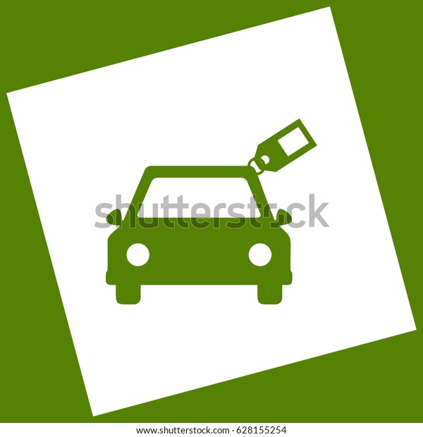Car sign with tag. Vector. White icon\
obtained as a result of subtraction rotated square and path.\
Avocado background.