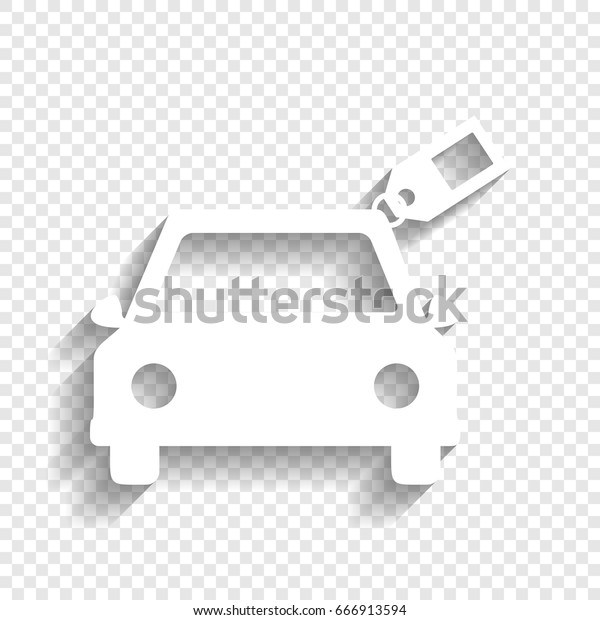 Car sign with tag. Vector. White icon with\
soft shadow on transparent\
background.