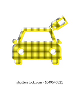 Car sign with tag. Vector. Yellow icon with square pattern duplicate at white background. Isolated.