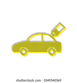 Car sign with tag. Vector. Yellow icon with square pattern duplicate at white background. Isolated.