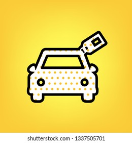Car sign with tag. Vector. Yellow polka dot white icon with black contour at warm yellow background.
