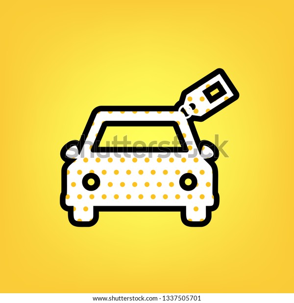 Car sign with tag.\
Vector. Yellow polka dot white icon with black contour at warm\
yellow background.