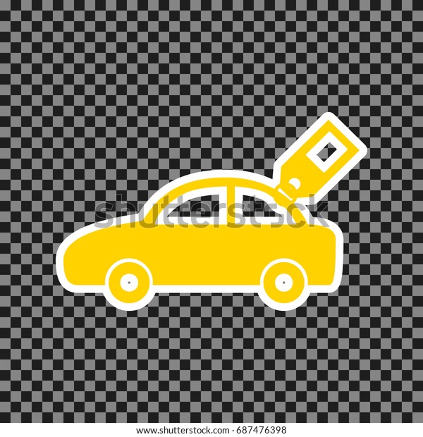 Car sign with tag. Vector. Yellow\
icon with white contour on dark transparent\
background.