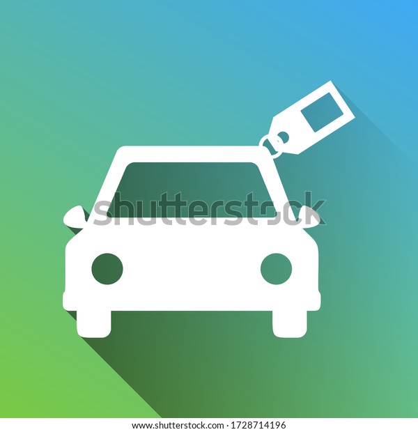 Car sign with\
tag. White Icon with gray dropped limitless shadow on green to blue\
background. Illustration.
