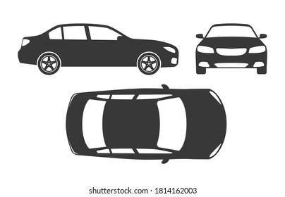 Car silhouette. Automobile top, side and front view. Vehicle projection monochrome mockup, regular auto sedan for family, race or different services, vector black shape icons isolated set