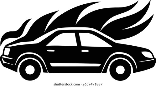 Silueta del coche con las llamas que representan la velocidad y el poder en negro