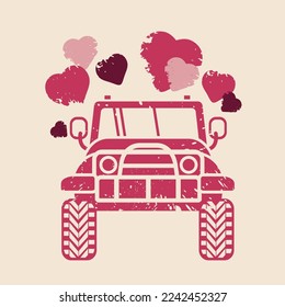 Car silhouette front view with hearts on light background. Valentines Day greeting card concept with red pink car, hearts. Vector illustration.