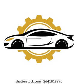 Car silhouette with a golden gear isolated on white background
