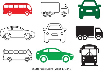 Car silhouette icon set. Different vehicles. Vector illustration. Collection