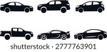 Car silhouette icon set featuring sedan SUV hatchback pickup truck sports car and modern electric vehicle designs