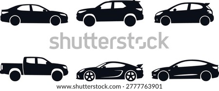 Car silhouette icon set featuring sedan SUV hatchback pickup truck sports car and modern electric vehicle designs