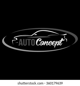 car silhouette icon with white line and black background. auto concept typography Mechanic service and mechanics, connection and operation engineering design work.