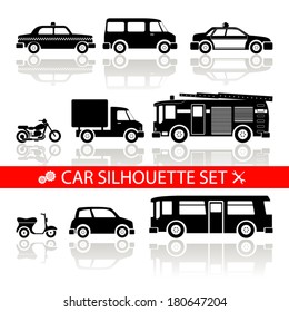 car silhouette icons set with reflection  vector