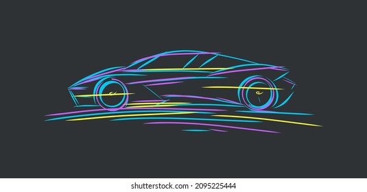 Silueta de coche en ilustración de líneas. Ataques luminosos de neón en un fondo oscuro