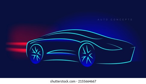 Car silhouette made from lines, side view. Modern blue neon car silhouette for logo, banner for marketing advertising design. Vector illustration. Isolated on blue background.