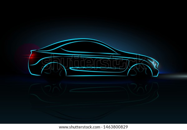 Car\
silhouette made from lines, side view. Modern blue neon car\
silhouette for logo, banner for marketing advertising design.\
Vector illustration. Isolated on black\
background.