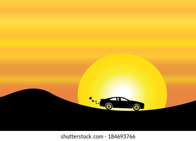 car silhouette on mountain & orange evening sky with yellow sun. environmentally friendly peaceful car travel concept illustration with bright gradient organge sky with big sun and heart shaped smoke