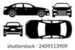 Car silhouette on white background. Vehicle icons set view from side, front, back, and top