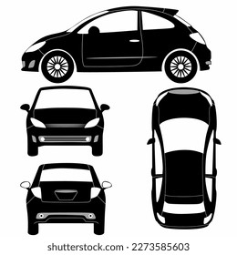 Car silhouette on white background. Vehicle icons set the view from side, front, rear and top