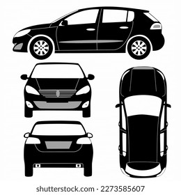 Car silhouette on white background. Vehicle icons set the view from side, front, rear and top