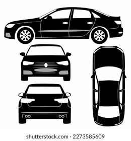 Car silhouette on white background. Vehicle icons set the view from side, front, rear and top