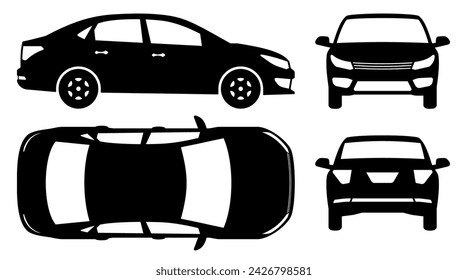 Car silhouette on a white background. Vehicle icons set view from the side, front, back, and top