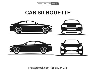 Car silhouette on a white background. Vehicle icons set view from the side, front, back. vector template