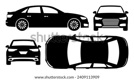 Car silhouette on white background. Vehicle icons set view from side, front, back, and top