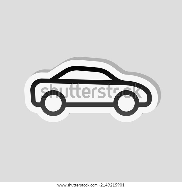 Car silhouette, simple icon.\
Linear sticker, white border and simple shadow on gray\
background
