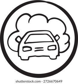 Auto Silhouette mit Rauchwolke in einem kreisförmigen Umriss. Ideal für Auto-Service-Apps, Emissionstests, Smog-Alarme, Umwelt-Dashboards. Minimales handgezeichnetes Liniensymbol.