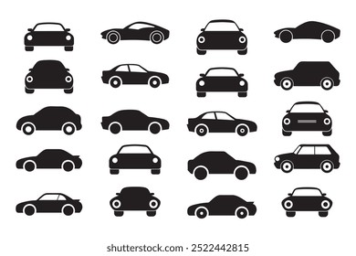 Car silhouette vector art illustration. Car Transport icon. Car icon set. Automobile From Various Sides, Monochrome symbol. Black and white style icons.