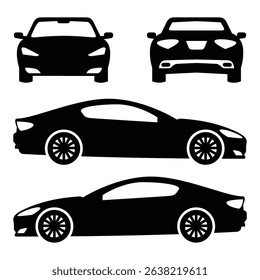 Car Silhouette Vector Set, Front and Side View Sports Car Icons.
