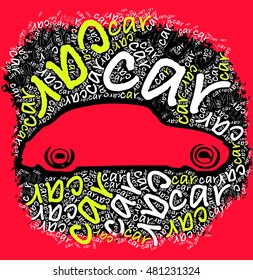 car silhouette with car words together vector print